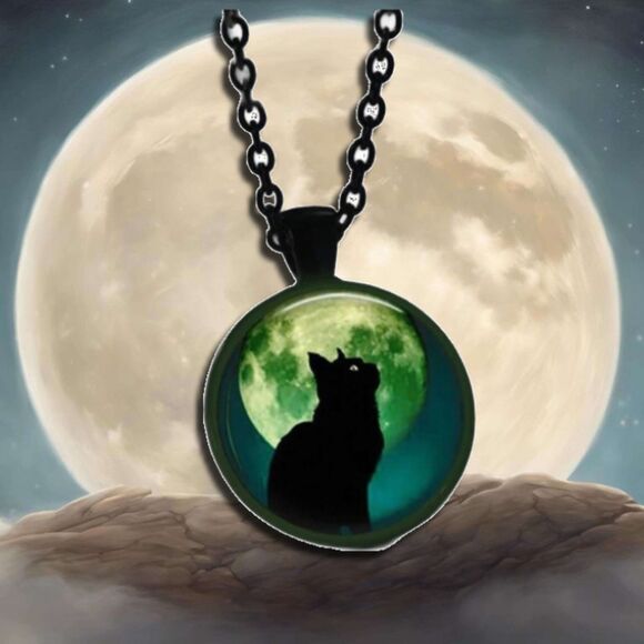 Glow in The Dark Black Cat & Moon Necklace Black Chain - Picture 1 of 6